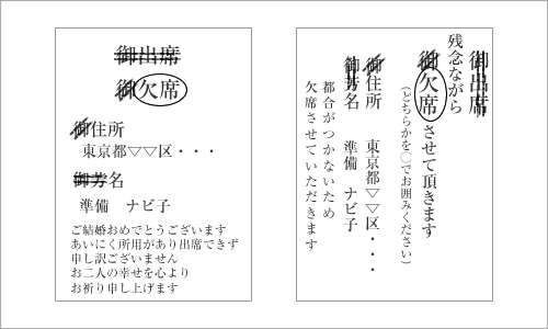 欠席する場合の招待状の返信ハガキの正しい書き方を図を用いて解説しています。